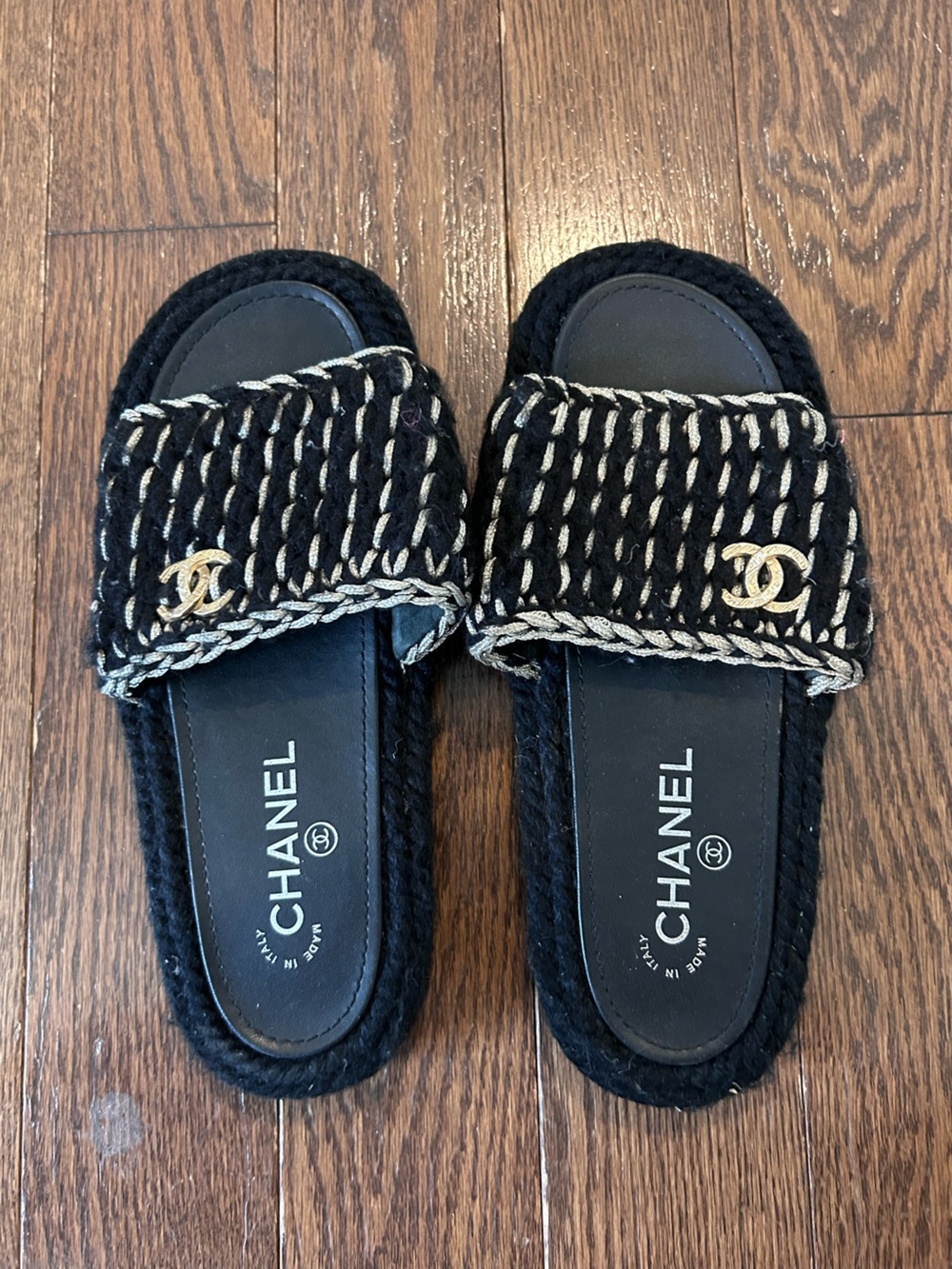 CHANEL Black & Gold Braided Flat Sandals, Knitted Wool Braided Slide Mules 37.5 - Picture 12 of 15